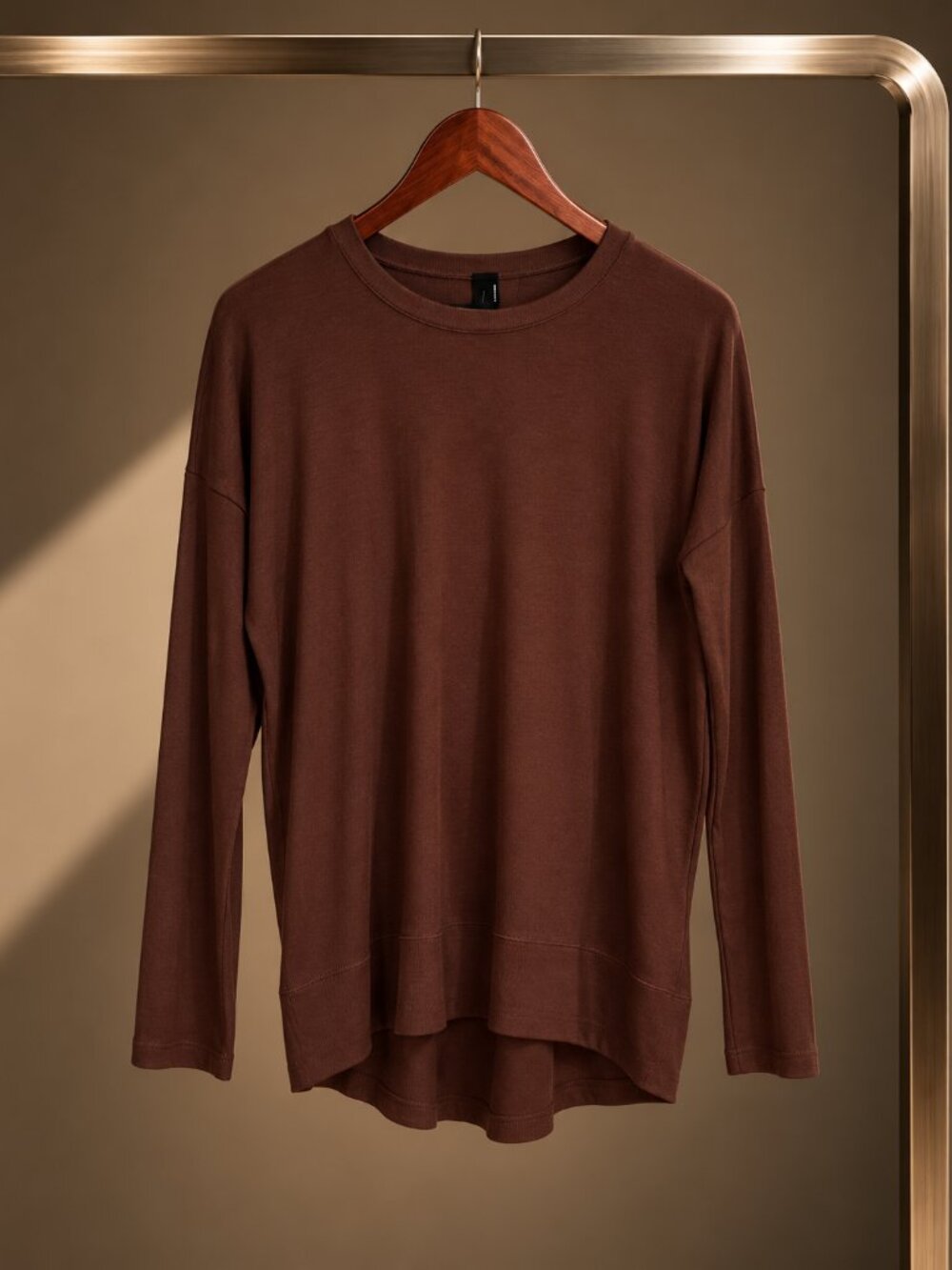 Bobi Los Angeles Ribbed Knit Top Bistro Brown Back Pleat Hi-Low Long Sleeve XS N